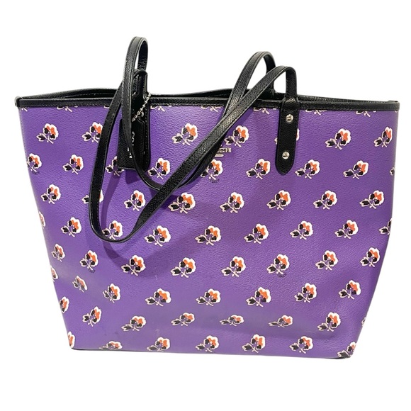 Coach Reversible City Tote Black/Purple Flowers Coated Canvas F55688 Large Bag - Picture 1 of 6